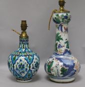 A Chinese wucai garlic-mouthed vase, late 17th century, restored, hole to base and an Isnik style