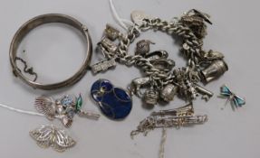 Silver and enamel jewellery, etc, including a charm bracelet with 20 silver and metal charms, an
