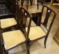 A George III mahogany drop leaf table and three 1920's salon chairs, W.92cm