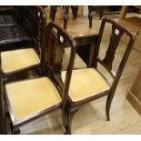 A George III mahogany drop leaf table and three 1920's salon chairs, W.92cm