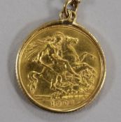 A 1908 gold half sovereign, in unmarked pendant mount on 9ct gold chain, gross 8gr and a 9ct gold