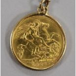 A 1908 gold half sovereign, in unmarked pendant mount on 9ct gold chain, gross 8gr and a 9ct gold