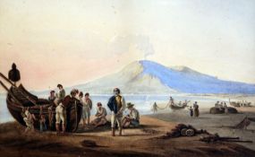 Michelangelo Pacetti (Italian, 1793-1855), watercolour, The Bay of Naples with figures and boats