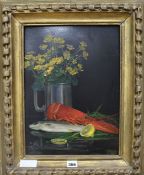 E.F.B, oil on wooden panel, still life of a lobster and buttercups, 38 x 28cm