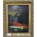 E.F.B, oil on wooden panel, still life of a lobster and buttercups, 38 x 28cm