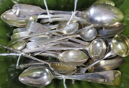 A set of six George III bright cut teaspoons, a similar set of plain spoons and a quantity of