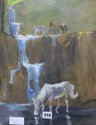 D Smith, gouache, horses beside a waterfall, 45 x 36cm