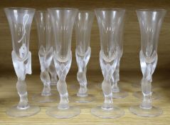 Twelve frosted stem flutes signed,