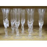 Twelve frosted stem flutes signed,