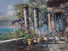 Italian School, oil on canvas, flowers on a terrace, 40 x 50cm