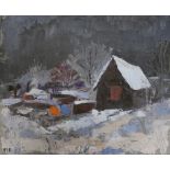 M Cole, oil on board, winter landscape, 24 x 29cm