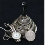 A George III silver wine funnel(a.f.) a silver fob watch on chain and a silver wrist watch.