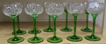 A set of ten cut and green glass hocks