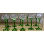 A set of ten cut and green glass hocks