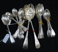 A quantity of King's, Old English and Fiddle pattern spoons, Georgian and later, and a pair of