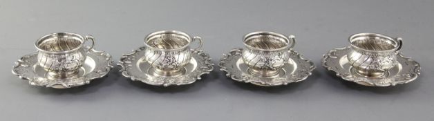 A set of four Austro-Hungarian silver coffee cups and saucers.
