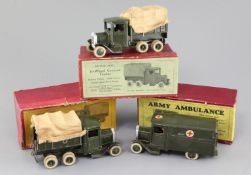 Three Britain's military vehicles: Army covered lorry, ten wheel, no.1432 (2) and Army ambulance,
