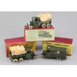 Three Britain's military vehicles: Army covered lorry, ten wheel, no.1432 (2) and Army ambulance,