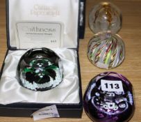 Five Caithness glass paperweights, two boxed and made by William Manson