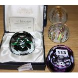 Five Caithness glass paperweights, two boxed and made by William Manson