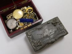 A small quantity of costume jewellery, a silver pocket watch, a gold plated watch and an antimony