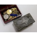 A small quantity of costume jewellery, a silver pocket watch, a gold plated watch and an antimony