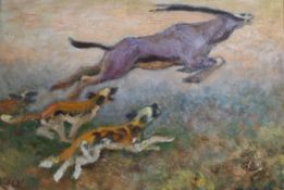 Genardy Mowkom-oviech, oil on canvas, pack hunting a gazelle, initialled, 25cm x 36cm