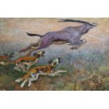 Genardy Mowkom-oviech, oil on canvas, pack hunting a gazelle, initialled, 25cm x 36cm