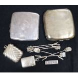 Two silver cigarette cases, two vestas, a silver ingot pendant and six cocktail sticks.