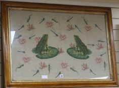 A needlework panel depicting frogs, waterlilies and dragonflies, 56 x 88cm