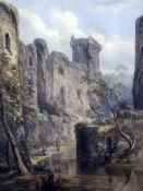 19th century English Schoolwatercolour,Figures beside castle ruins,21 x 16in.