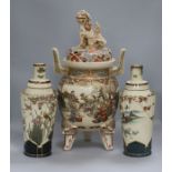 A Japanese Satsuma two handled dragon lidded koro, and a pair of lamp bases