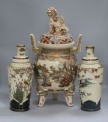 A Japanese Satsuma two handled dragon lidded koro, and a pair of lamp bases