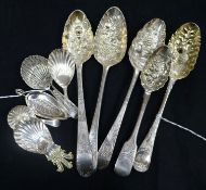 Five silver berry spoons, mostly later-embossed, and five caddy spoons, various designs, Georgian