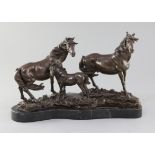 A modern bronze group of a stallion, mare and foal, on marble plinth, length 16in.