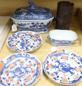 A Chinese large blue and white boar's head tureen and cover and sundry items, including a sauce