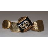 Three 9ct gold signet rings, one with initial on onyx panel and a plain signet ring (marks