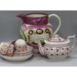 An early 19th century pink lustre part teaset and a similar ship jug