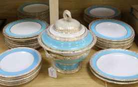 A Victorian Royal Worcester part dinner service, turquoise-banded, with 'tied laurel' borders