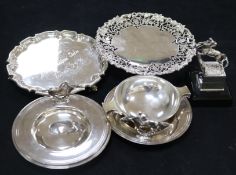 A 1980's small silver show jumping trophy, a silver salver,quaich and pedestal dish and three plated