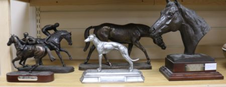 Four 'resin' bronzes of racehorses and a greyhound