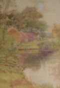 Attributed to Alfred East, watercolour, farm pond, 52 x 35cm