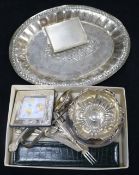 A silver cigarette case and other mixed items including fruit eaters, Georgian sugar tongs and a