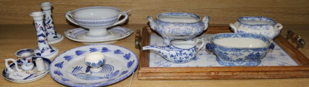 A Danish blue and white fluted porcelain tray in moulded oak two-handled frame and sundry blue and