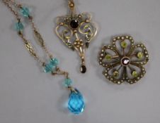 Two Edwardian 9ct gold gem set pendants, one with 9ct gold chain and a paste necklace.