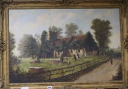Late 19th century English school, oil on canvas, view of a country church, 56 x 86cm