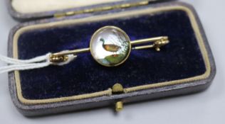 A late Victorian gold and "Mallard duck" Essex crystal bar brooch, 43mm.