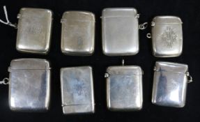 Eight plain silver vesta cases, five initialled, one inscribed 'In Memoriam of Dartmouth 1888', 7.