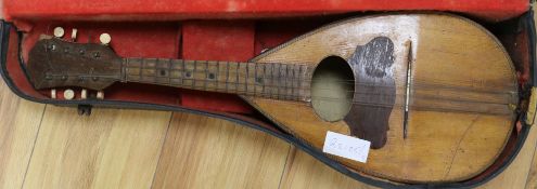 A cased mandolin