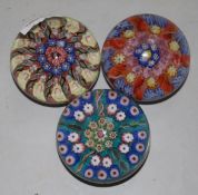 Three 1960's Vasart millefiori glass paperweights